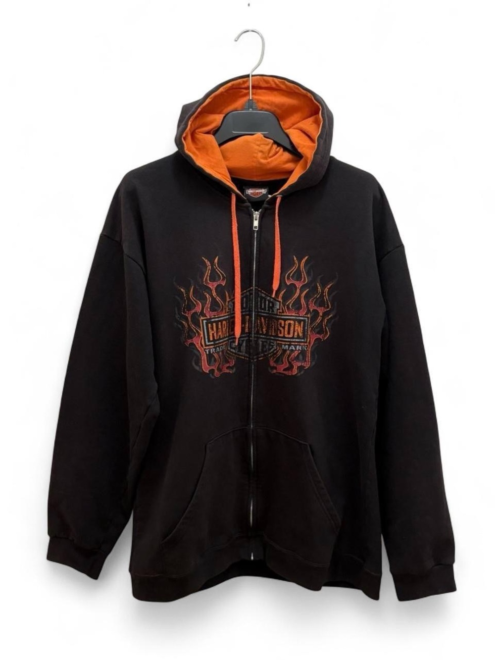 Harley Davidson Black Zip Up Hoodie Sz Large Flames Skull Chicago Y2K Bikercore
